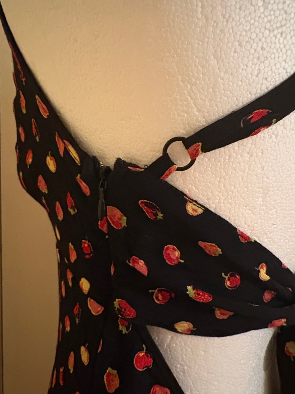 Kimchi Blue Black Mini Dress with Red & Gold Strawberry Print L - Picture 5 of 8